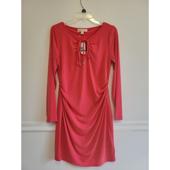 New sz Large Michael Kors geranium pink fitted long sleeve knee length dress - Picture 1 of 6